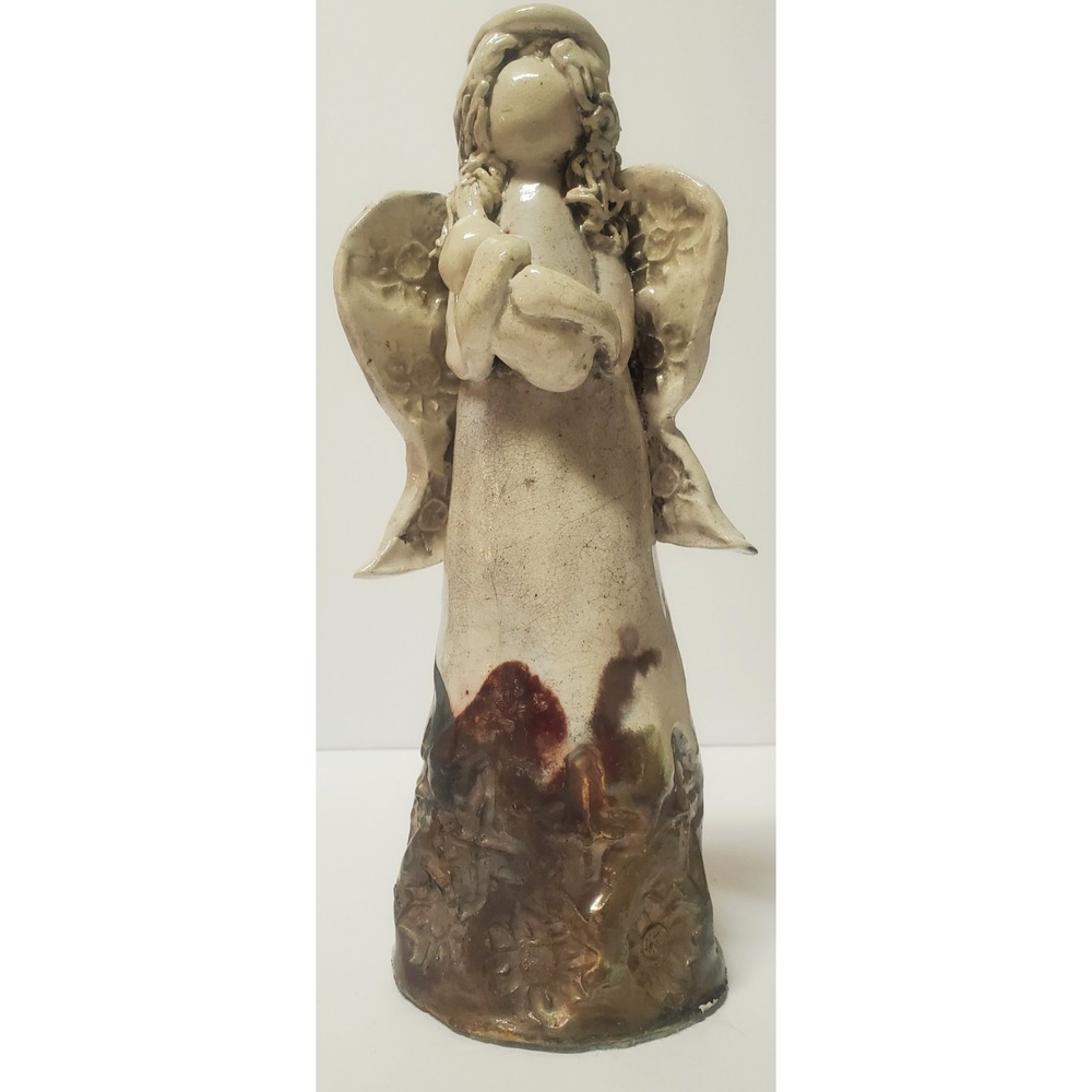 Pottery Raku Angel, Mother w/Child, Mary & Jesus Wings Spaghetti Hair Signed Art